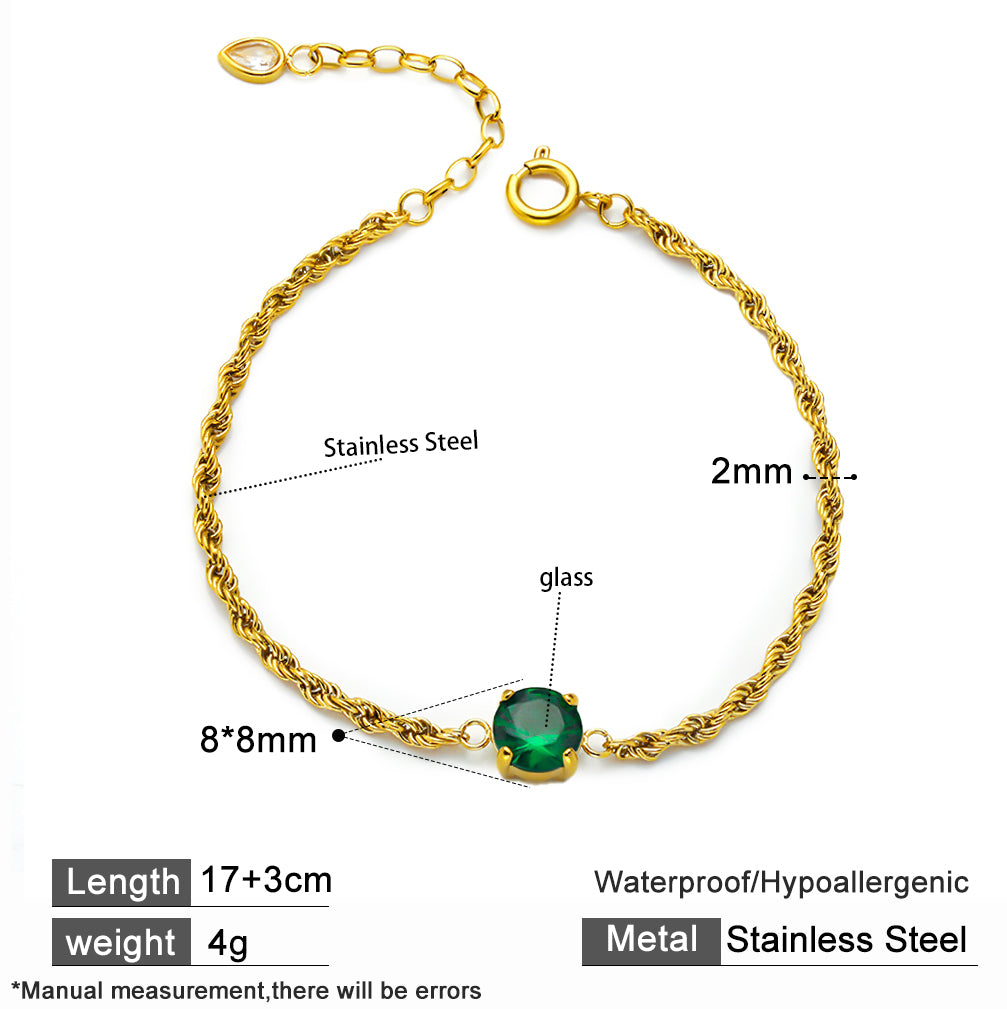 316 Stainless Steel Rope-Style Bracelet with Green Cubic Zirconia – Waterproof & Hypoallergenic