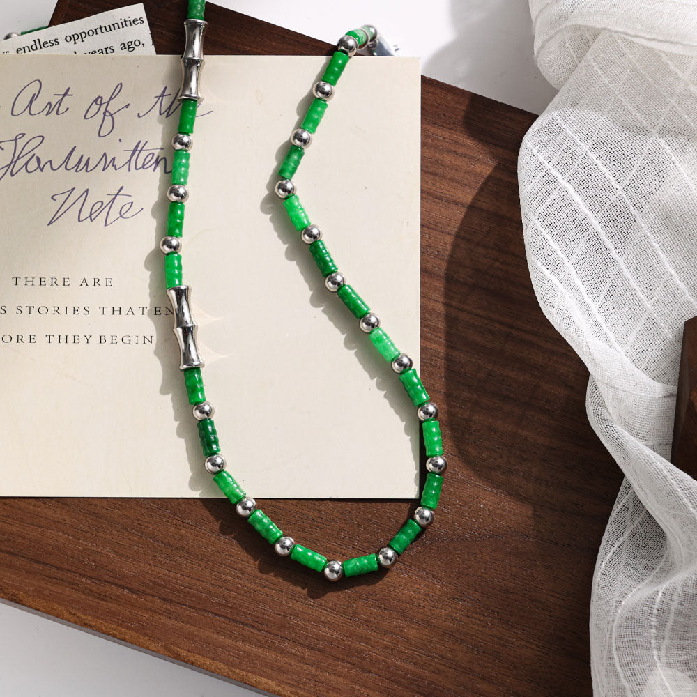 Emerald Weave Necklace with Green Bamboo Stones and Stainless Steel Beads – Unisex Handmade Jewelry