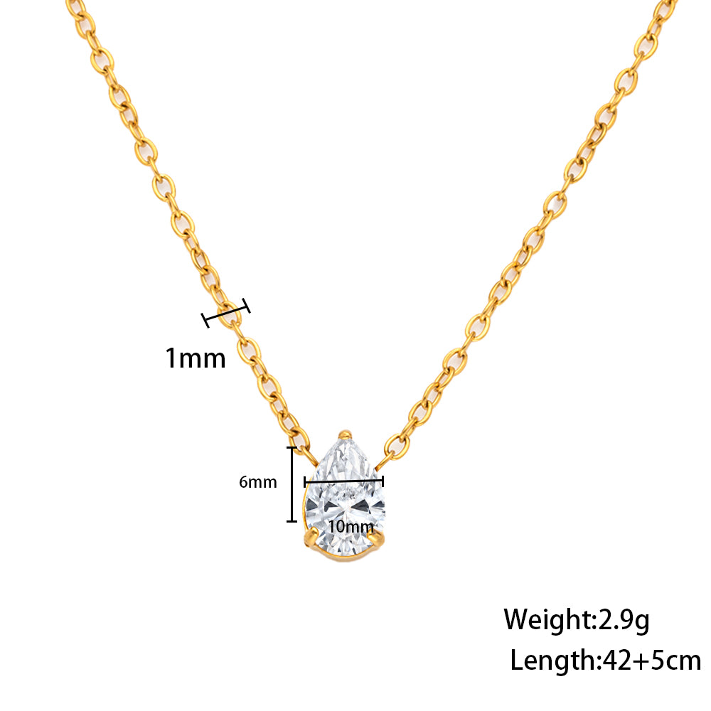 Teardrop Cubic Zirconia Pendant Necklace – 316L Stainless Steel, Waterproof, Tarnish Free, Hypoallergenic & 18K Gold Plated