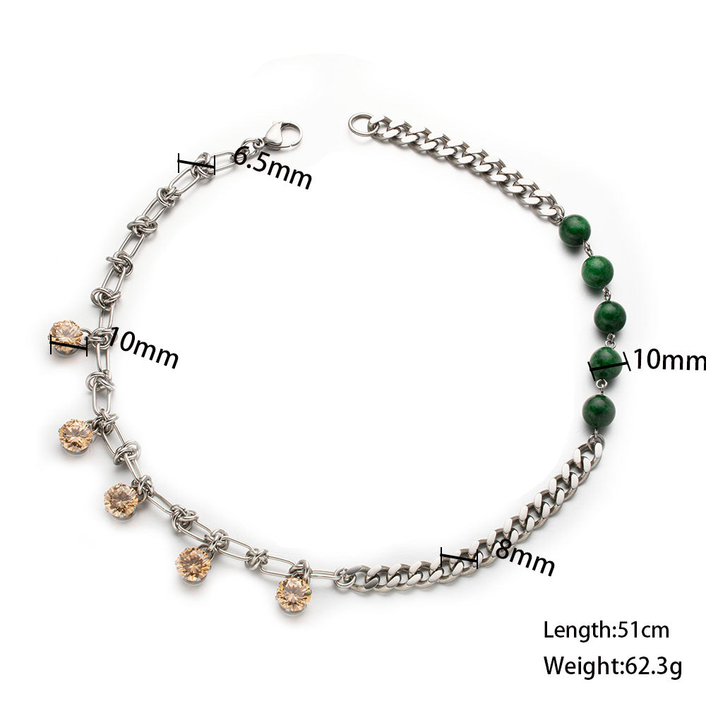 Green Fusion Mixed Necklace with Cuban Chain, Green Beads, and Embedded Zircon – Unisex Handmade Jewelry