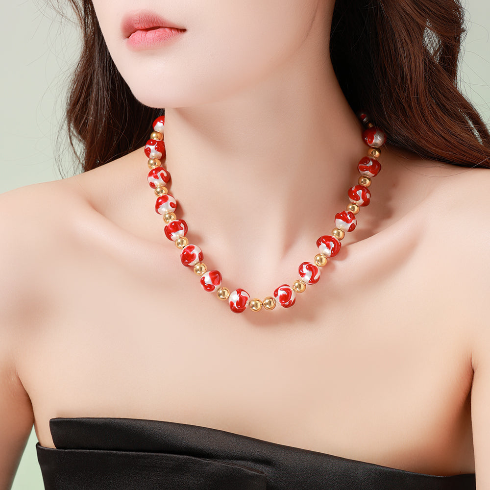 Dawn Glow Necklace with White Beads and Red Accents on 316 Stainless Steel 18K Gold Plated Chain – Unisex Handmade Jewelry
