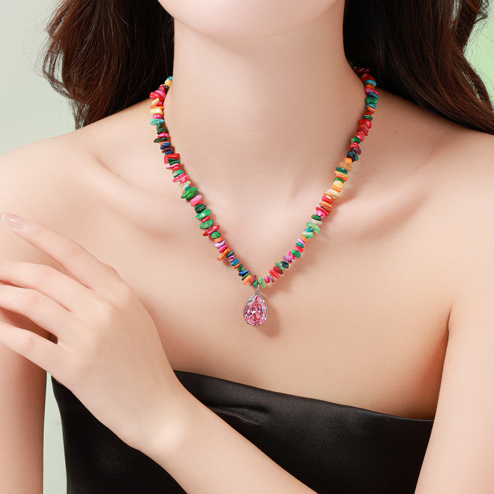 Pink Focus Gemstone Necklace – Colorful Chip Beads with Central Pink Stone, Unisex Handmade Jewelry