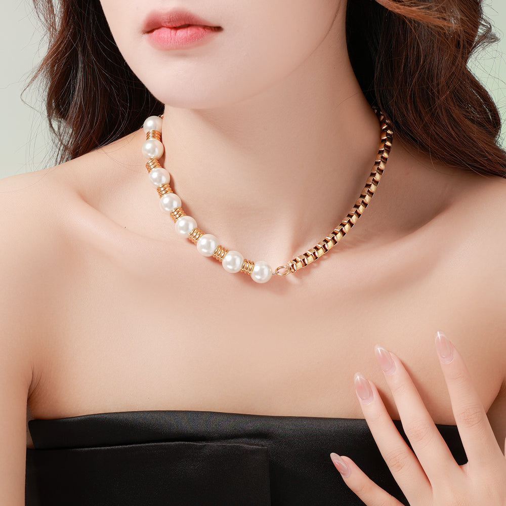 Morning Glow Bead Necklace with 316 Stainless Steel 18K Gold Plated Chain and White Beads – Unisex Handmade Jewelry