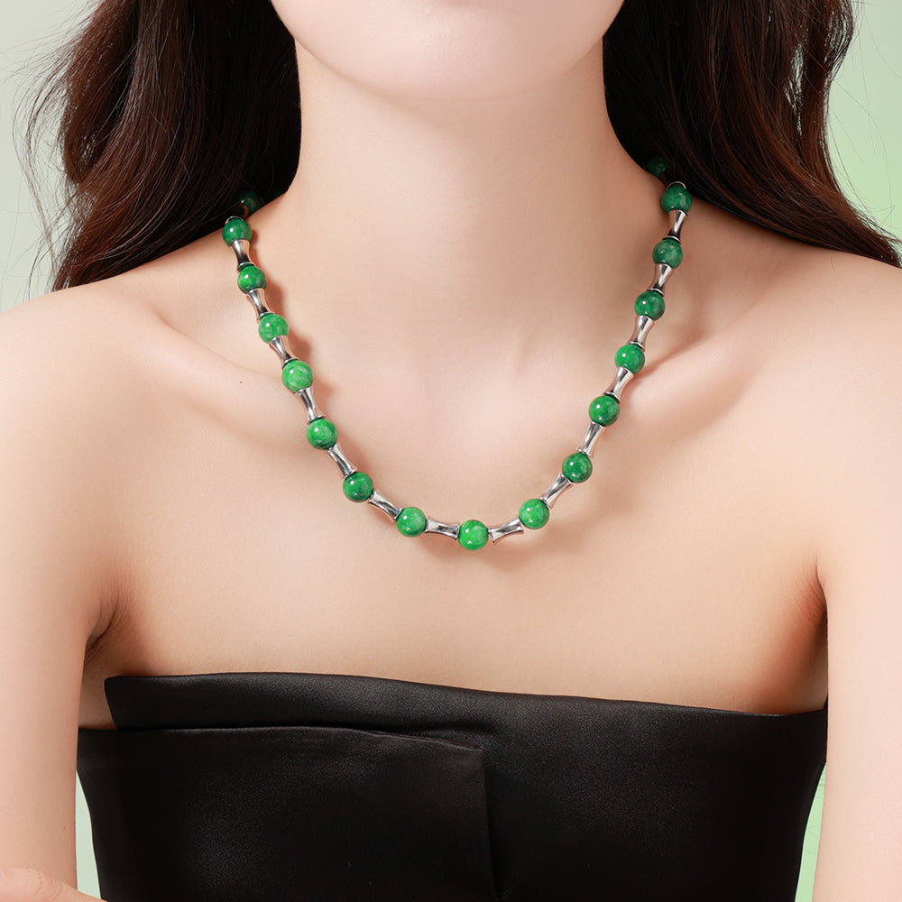 Green Round Bead Bamboo Stainless Steel Necklace – Minimalist Handmade Jewelry for Women