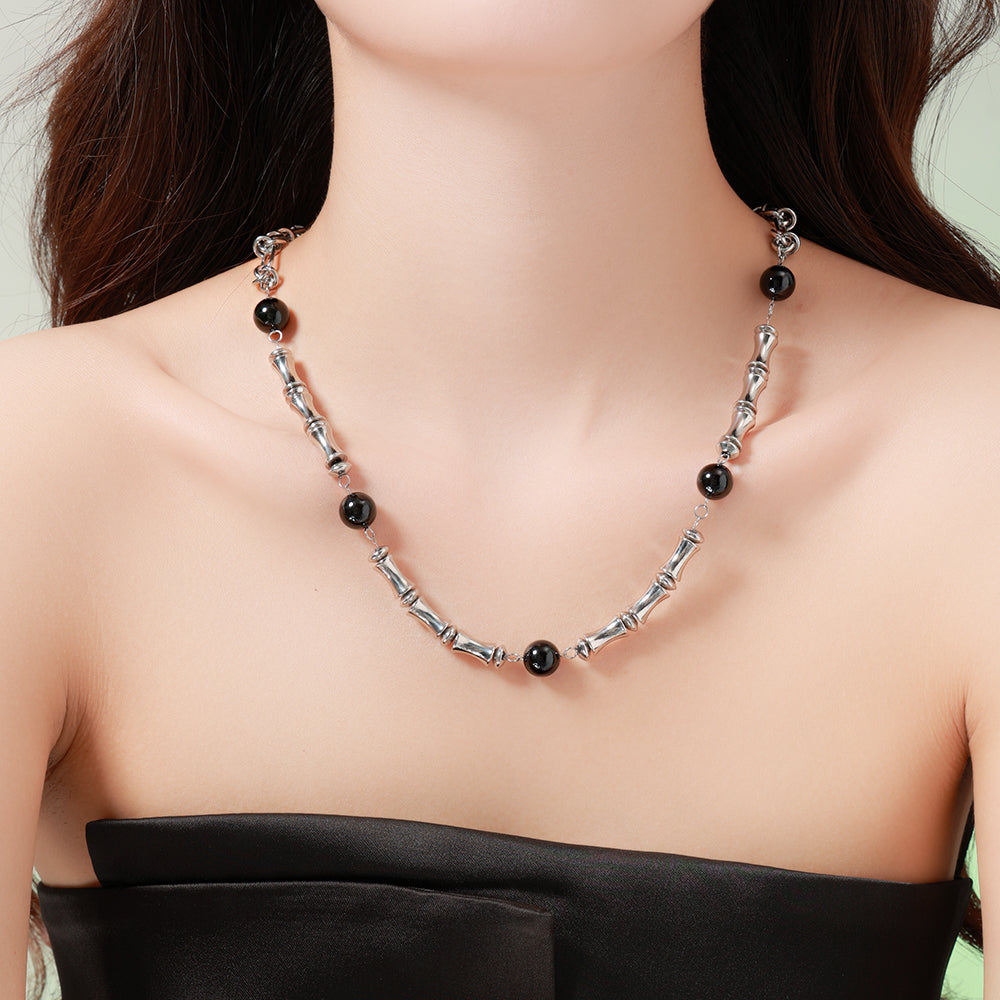 Bamboo Link Stainless Steel Necklace with Black Bead Accents – Stylish Minimalist Unisex Jewelry
