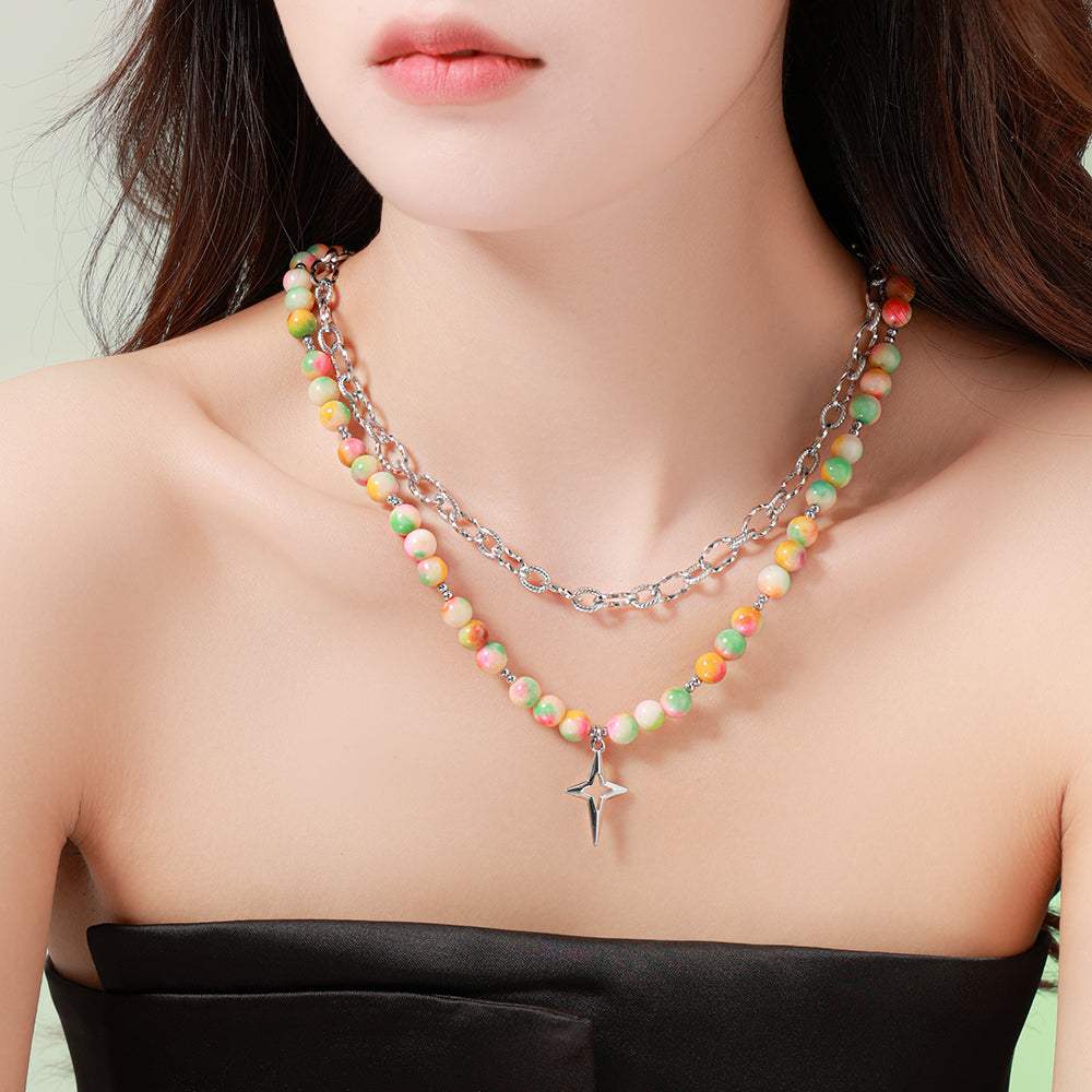 Color Bead Double-Layer Necklace with Stainless Steel Chain – Unisex Handmade Jewelry