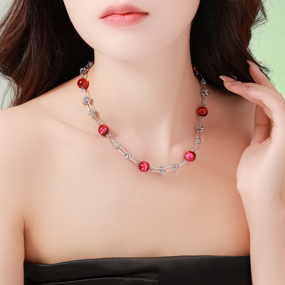 Rose Red Beads Necklace – Unisex Handmade Jewelry with Rose Red Beads and Stainless Steel Chain