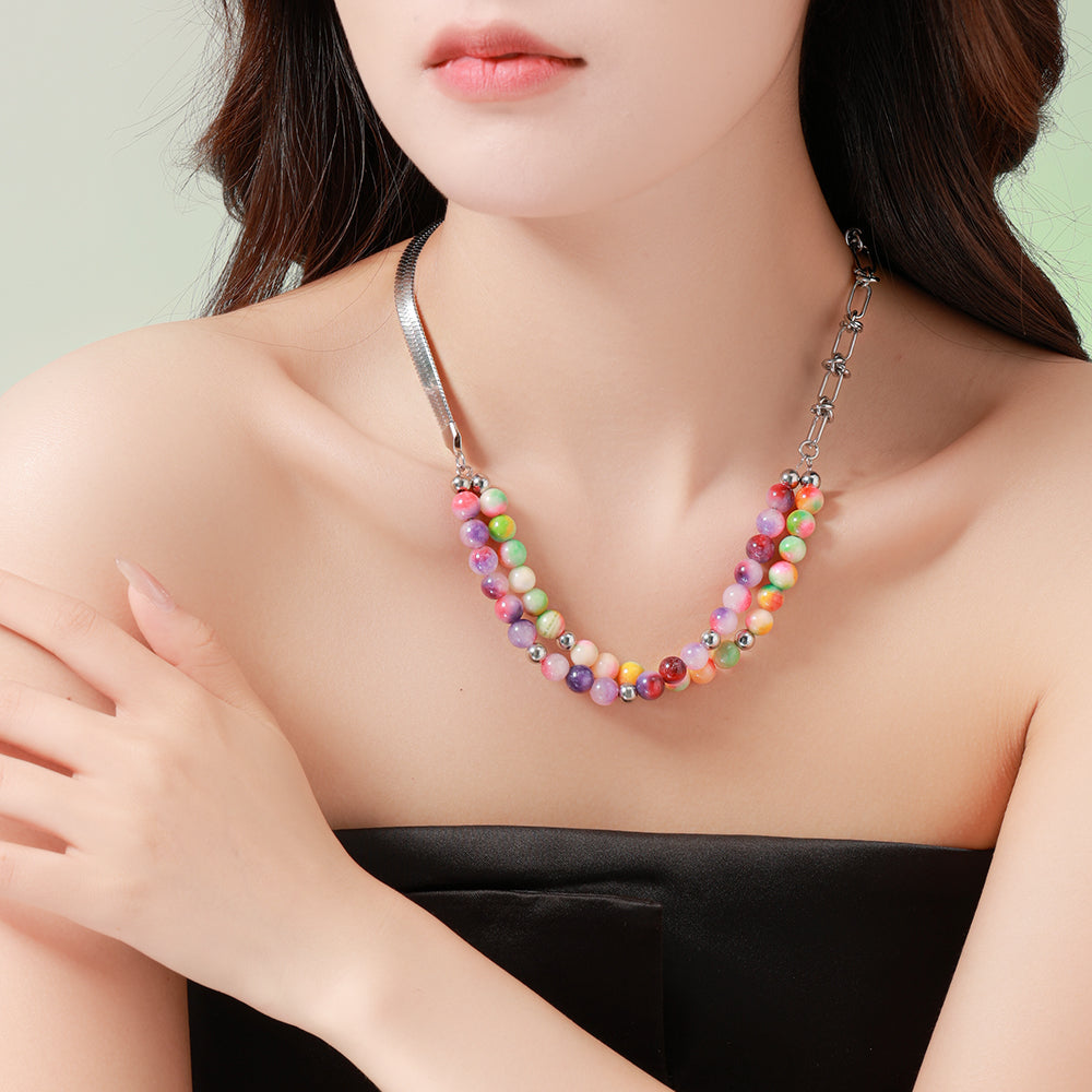 Colorful Layered Beads & Chain Necklace – Unisex Handmade Jewelry with Double Colorful Beads and Stainless Steel Chain