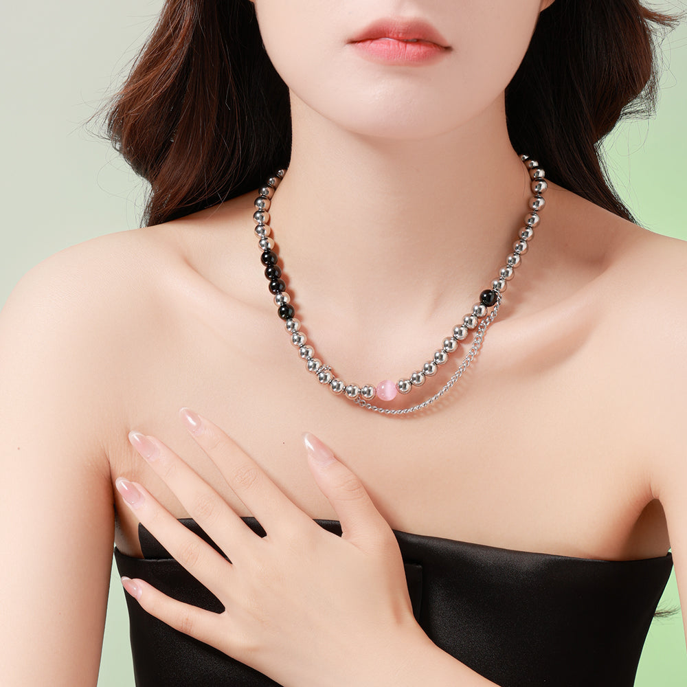 Starlight Alternating Necklace with 316 Stainless Steel and Black Natural Stones – Double-Layer Detail Unisex Jewelry