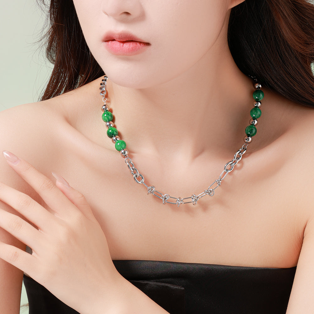 Green Harmony Necklace with Stainless Steel Chain and Green Beads – Unisex Handmade Jewelry