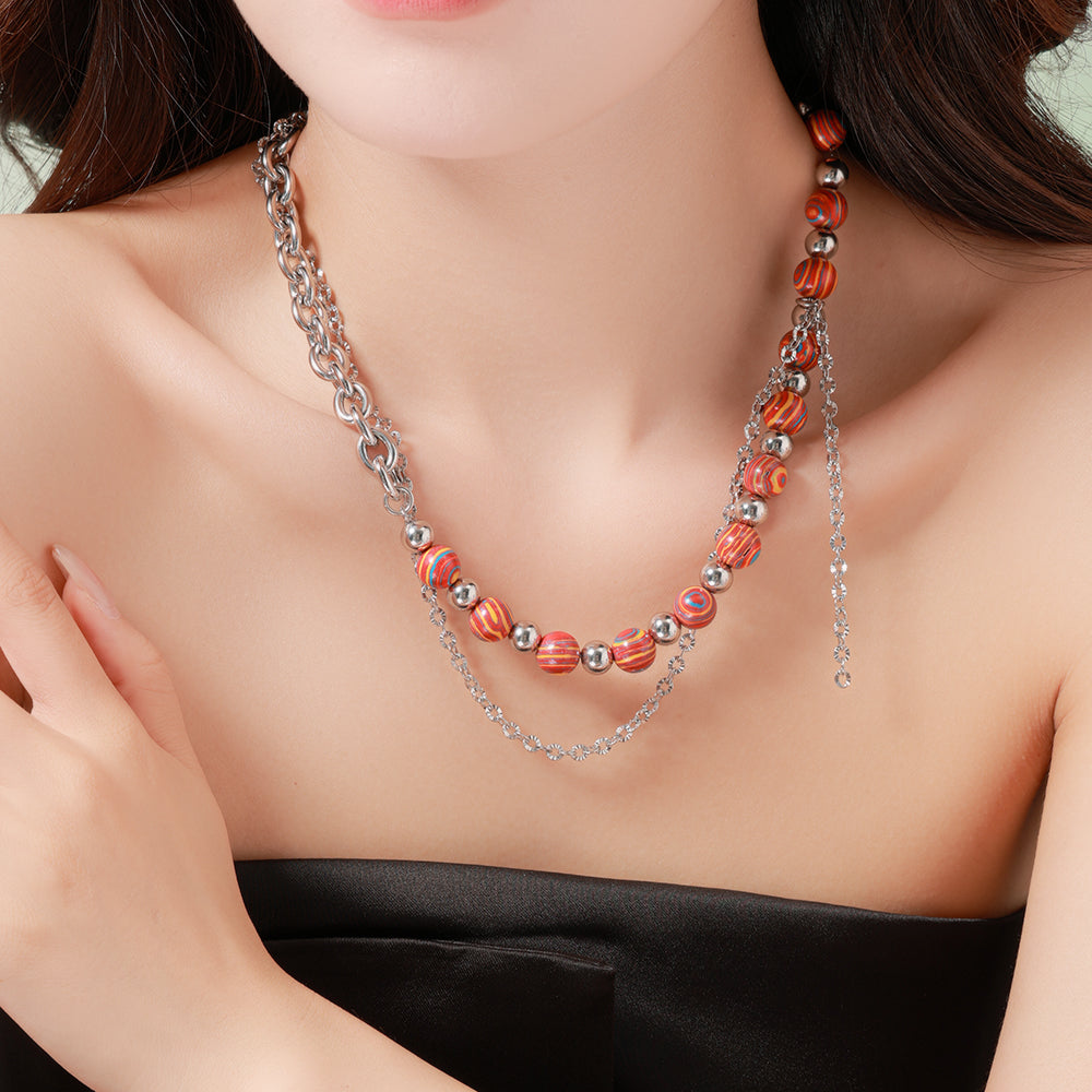 Cosmic Orbit Double-Layer Necklace – Stainless Steel Chain with Planet-Inspired Beads, Unisex Handmade Jewelry