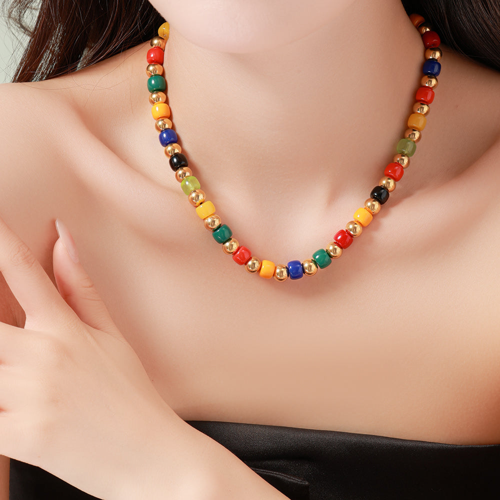 Color Glow Necklace with Multicolor Natural Stones and 316 Stainless Steel 18K Gold Beads – Unisex Handmade Jewelry