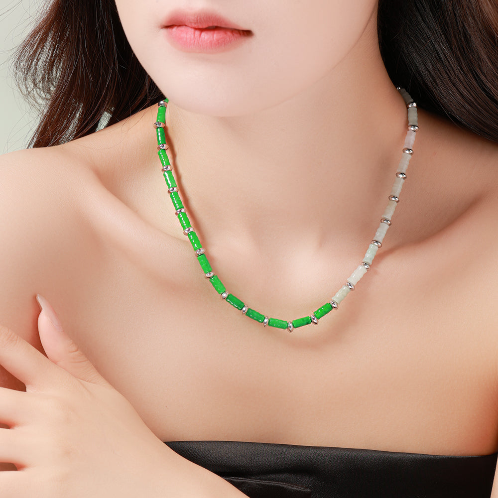 Two-Tone Bamboo Shaped Stone Bead Necklace – Green & White Natural Stone Handmade Jewelry for Women