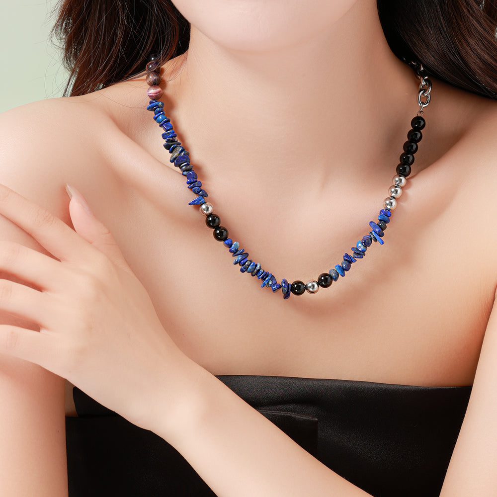 Blue Natural Irregular Stone Necklace with 316 Stainless Steel Chain – Unique Handmade Jewelry for Women