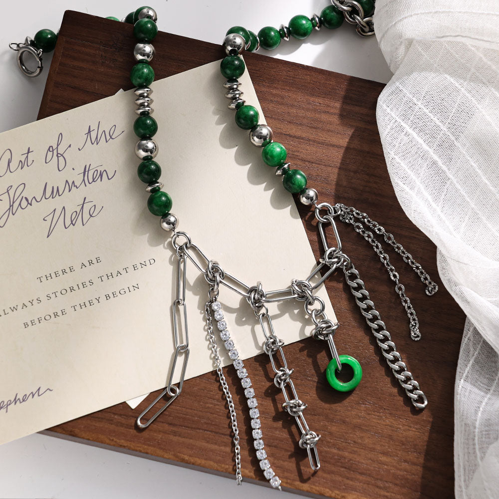 Green Tassel Elegance Necklace with Green Natural Stone Beads – Unisex Handmade Jewelry