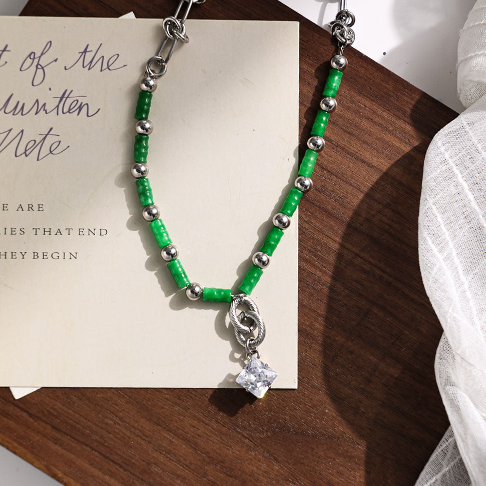 Green Bamboo Shaped Stone Necklace with Stainless Steel Chain – Minimalist Handmade Jewelry for Women