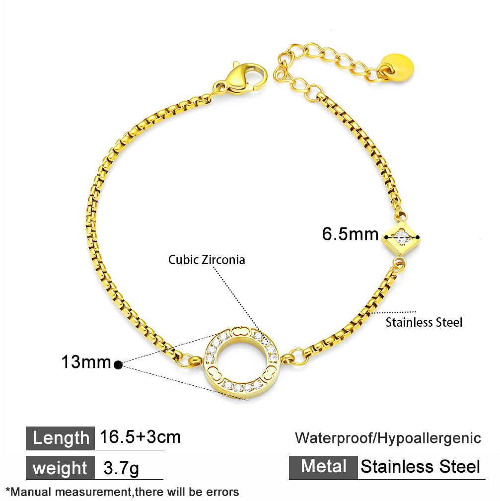 18K Gold Plated 316 Stainless Steel Bracelet with Round Crystal Pave Pendant – Waterproof & Hypoallergenic