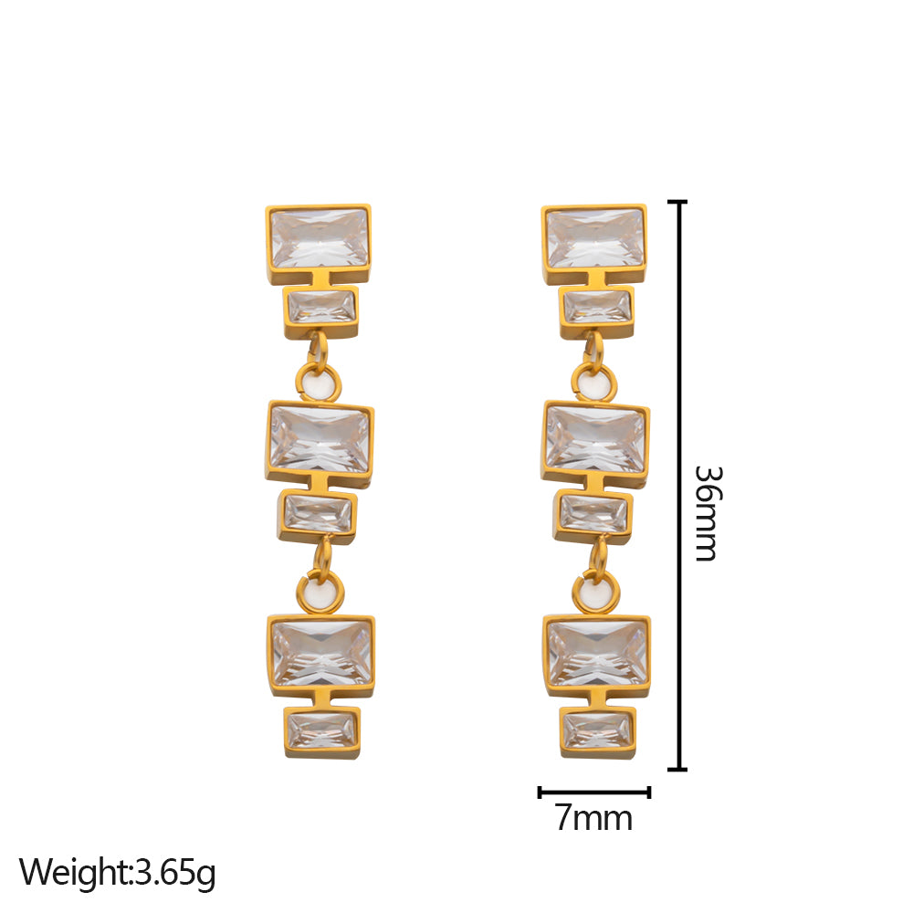 316 Stainless Steel 18K Gold Plated Square Pendant Earrings | Sparkling Zircon Stone Jewelry