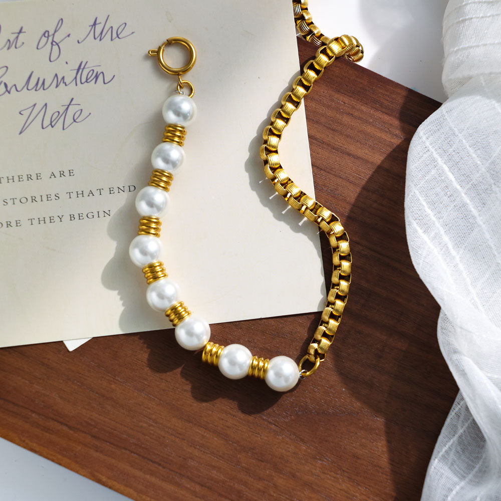 Morning Glow Bead Necklace with 316 Stainless Steel 18K Gold Plated Chain and White Beads – Unisex Handmade Jewelry