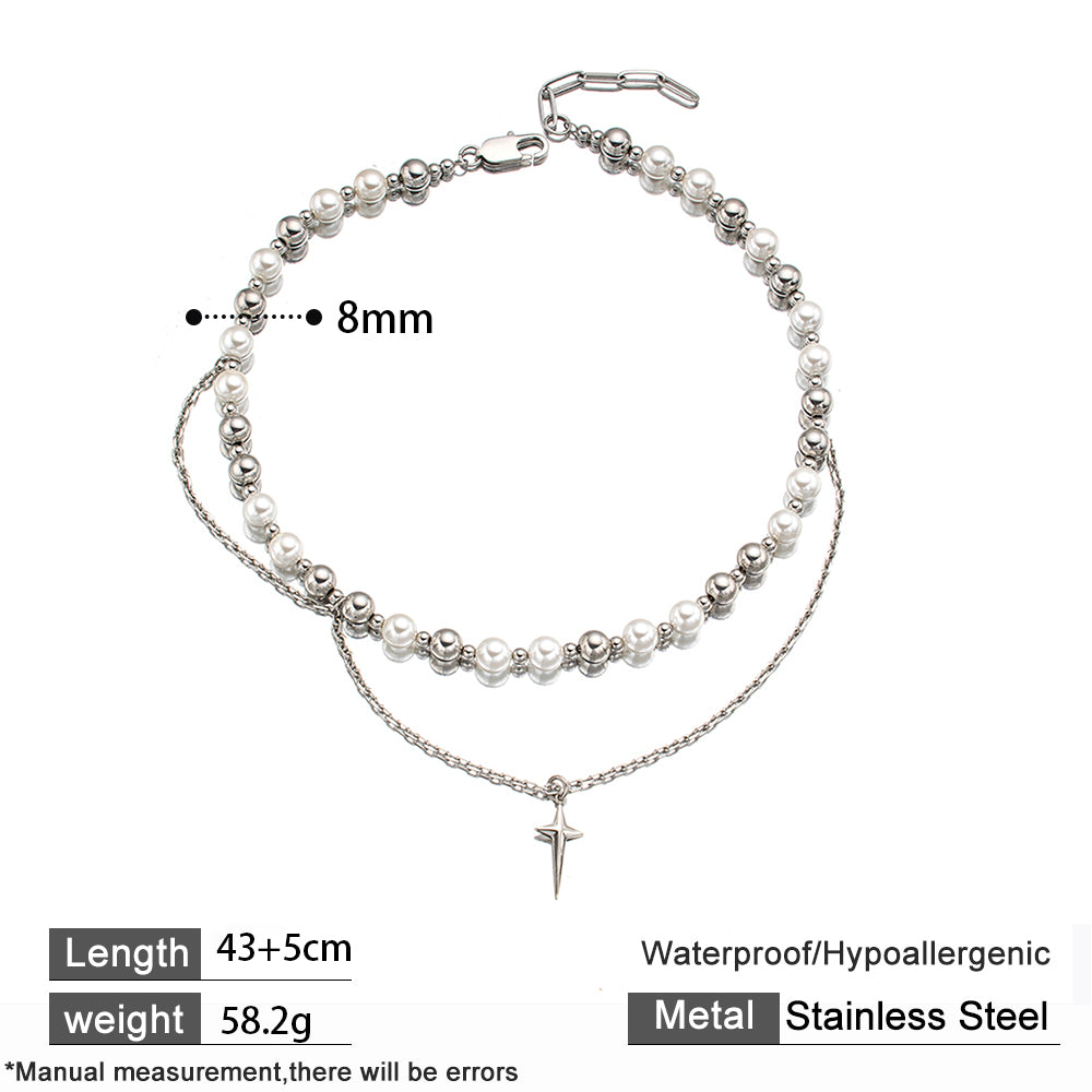 Celeste Pearl Layered Necklace – Double Glass Pearl with Cross Pendant, Unisex