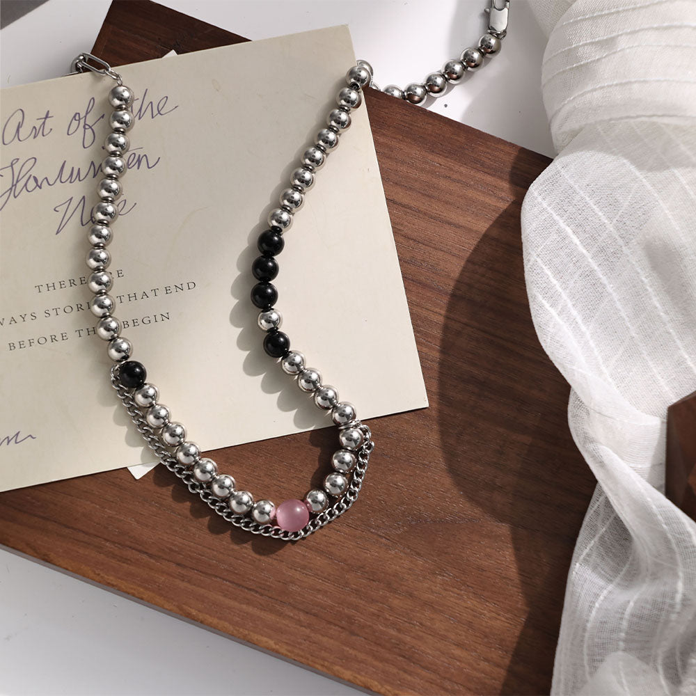 Starlight Alternating Necklace with 316 Stainless Steel and Black Natural Stones – Double-Layer Detail Unisex Jewelry