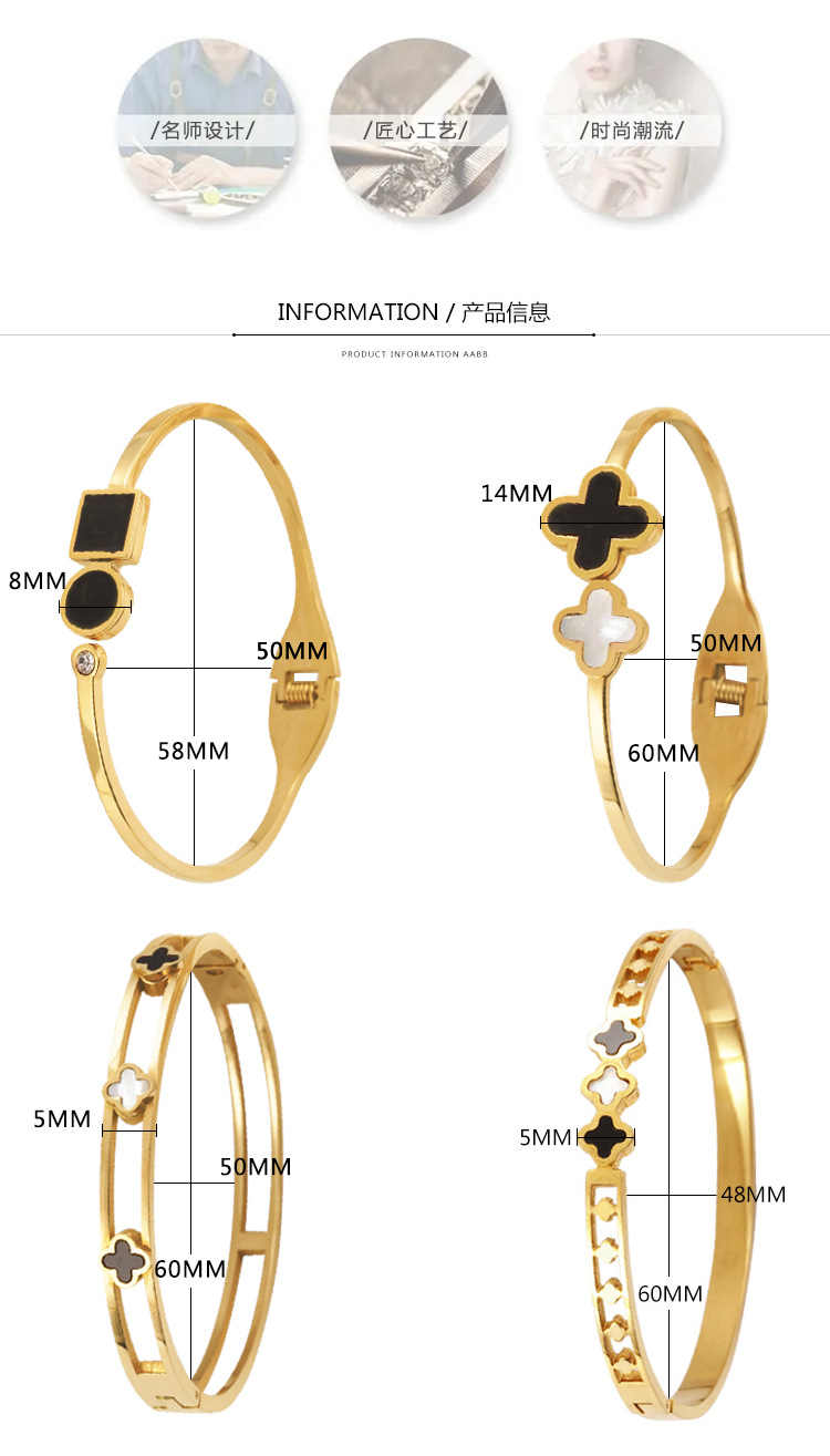 Armreif aus Edelstahl mit 18 Karat Goldplattierung und schwarzem vierblättrigem Kleeblatt