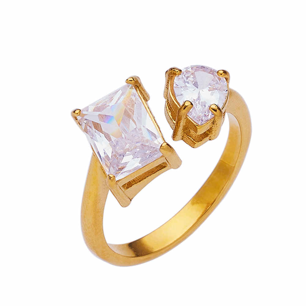 Bague agate et zircon en acier inoxydable plaqué or 18 carats