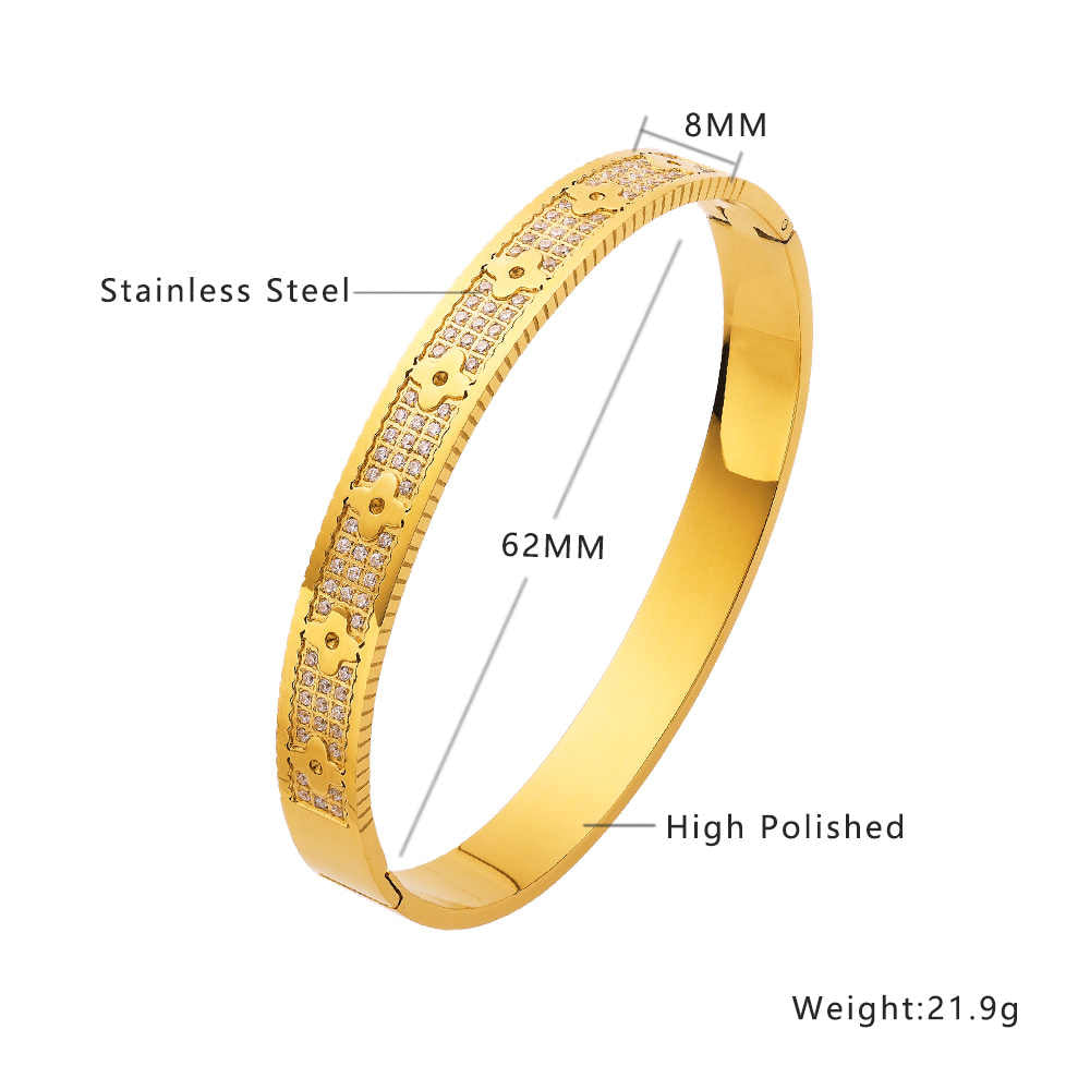 Armreif aus Edelstahl mit 18 Karat Goldplattierung und hohlem vierblättrigem Kleeblatt