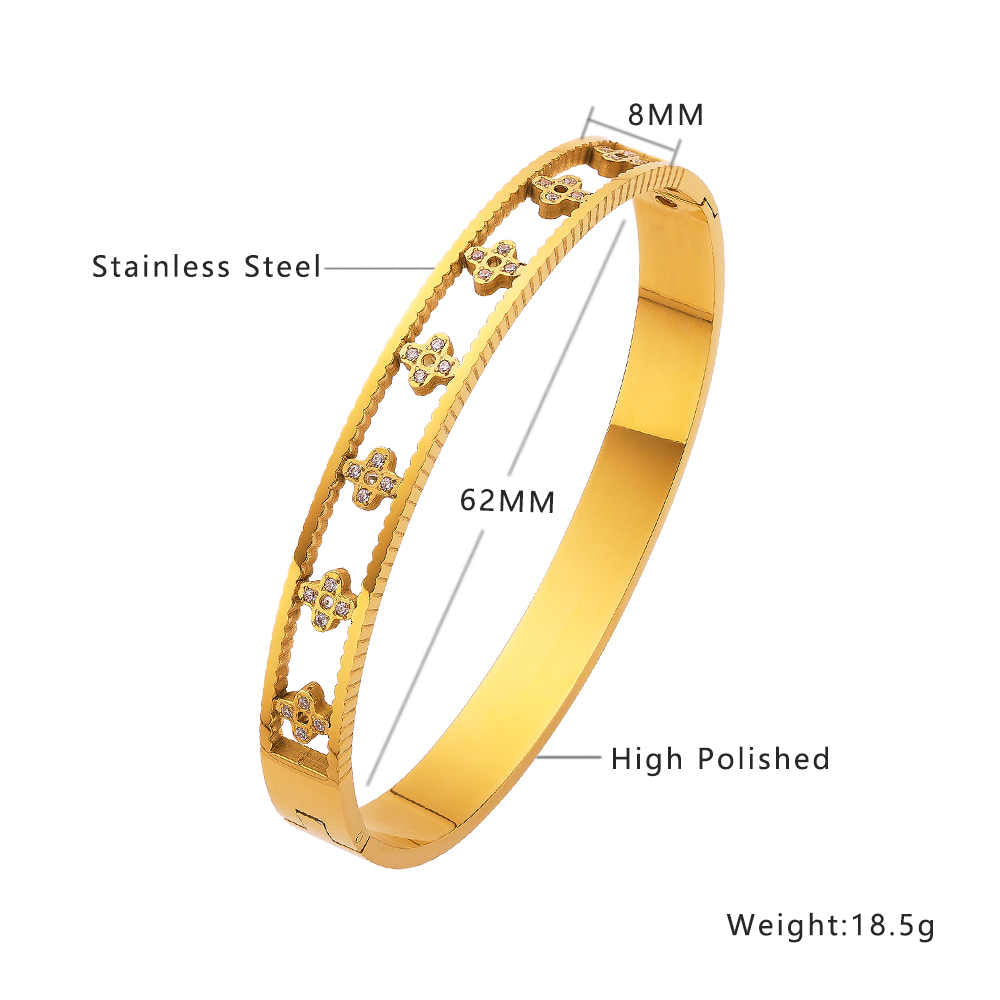 Armreif aus Edelstahl mit 18 Karat Goldplattierung und hohlem vierblättrigem Kleeblatt