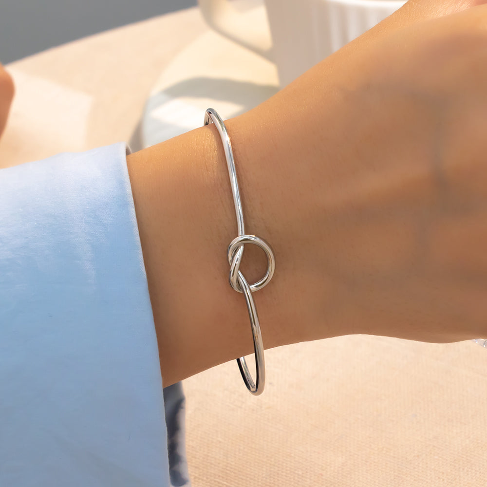 316 Stainless Steel Silver C-Shaped Bracelet | Knot Detail Centerpiece