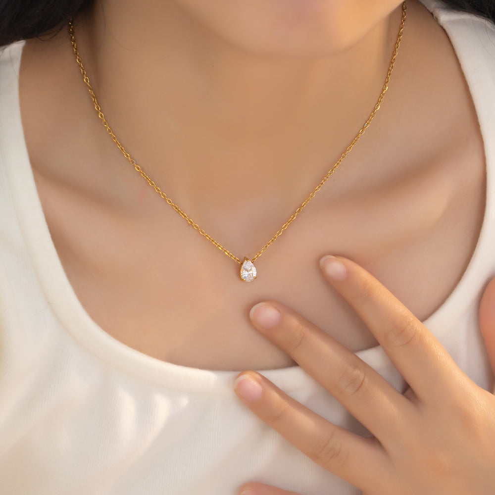 Teardrop Cubic Zirconia Pendant Necklace – 316L Stainless Steel, Waterproof, Tarnish Free, Hypoallergenic & 18K Gold Plated