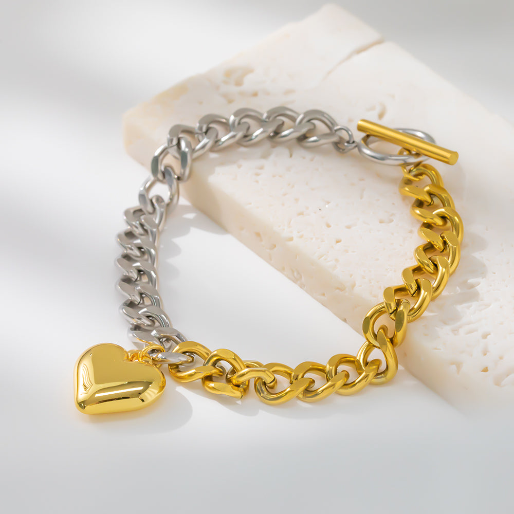 316 Stainless Steel 18K Gold Plated Heart Bracelet | Two-Tone Gold & Silver Chain Minimalist Jewelry