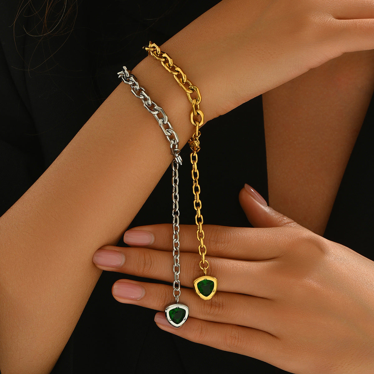 316 Stainless Steel Rope-Style Bracelet with Green Cubic Zirconia Accent on Chain End – Waterproof & Hypoallergenic