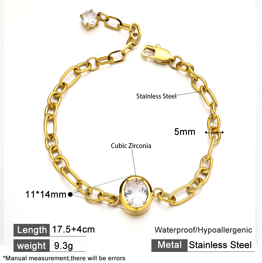 18K Gold Plated 316 Stainless Steel Cubic Zirconia Bracelet with White CZ Accent on Chain End – Waterproof & Hypoallergenic