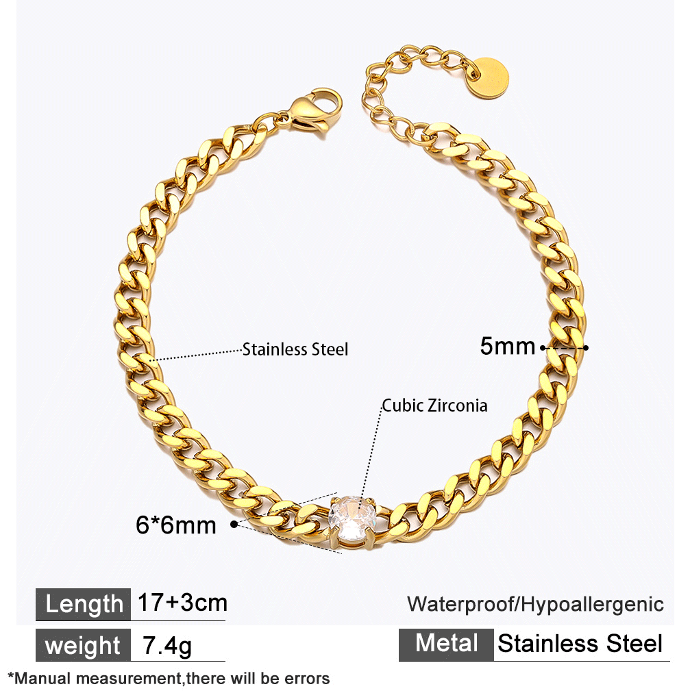18K Gold Plated 316 Stainless Steel Bracelet with White Cubic Zirconia Stones – Waterproof & Hypoallergenic