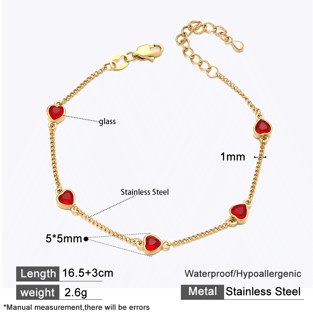 18K Gold Plated 316 Stainless Steel Bracelet with 5 Red Heart Cubic Zirconia Charms – Waterproof & Hypoallergenic
