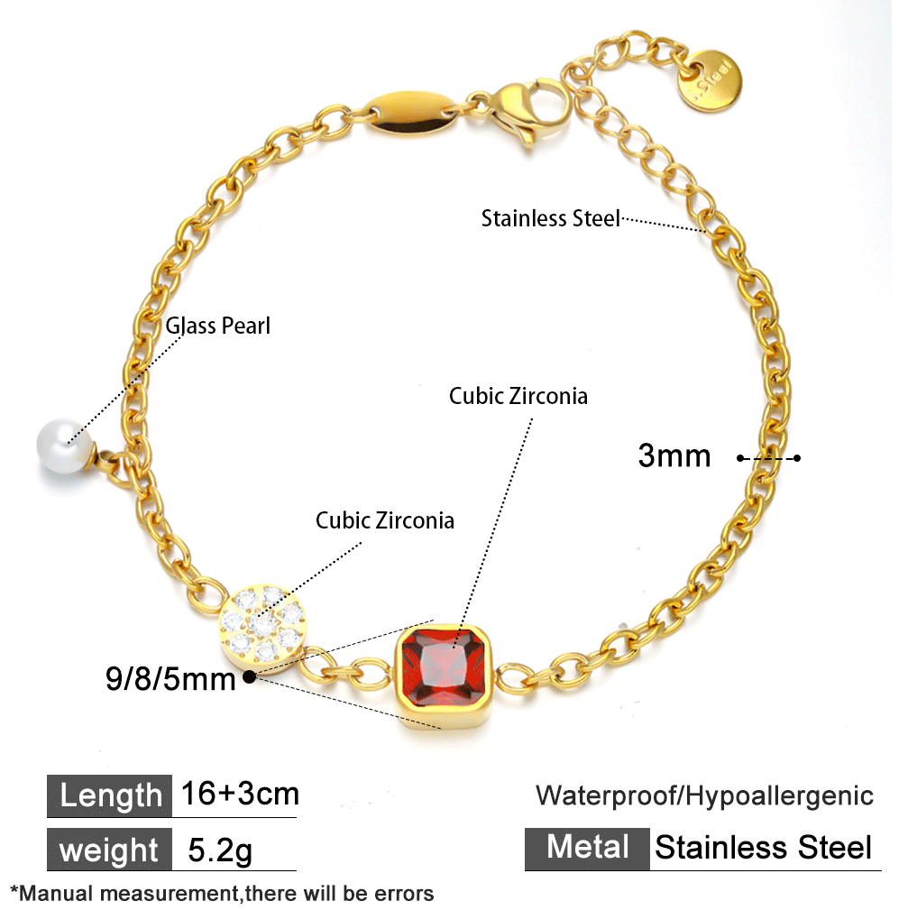 18K Gold Plated 316 Stainless Steel Bracelet with Beads, White & Red Cubic Zirconia – Waterproof & Hypoallergenic