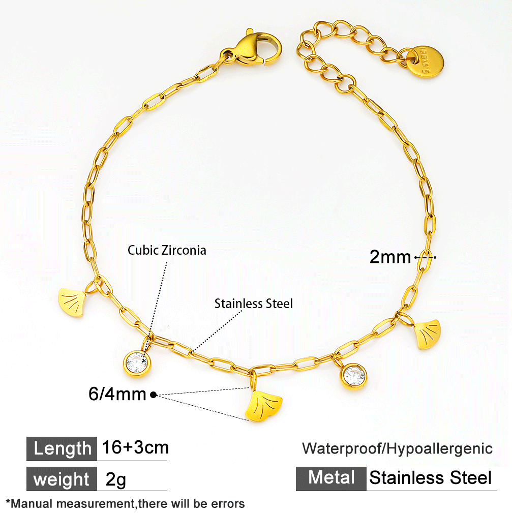 18K Gold Plated 316 Stainless Steel Bracelet with Cubic Zirconia and Leaf Charm – Waterproof & Hypoallergenic