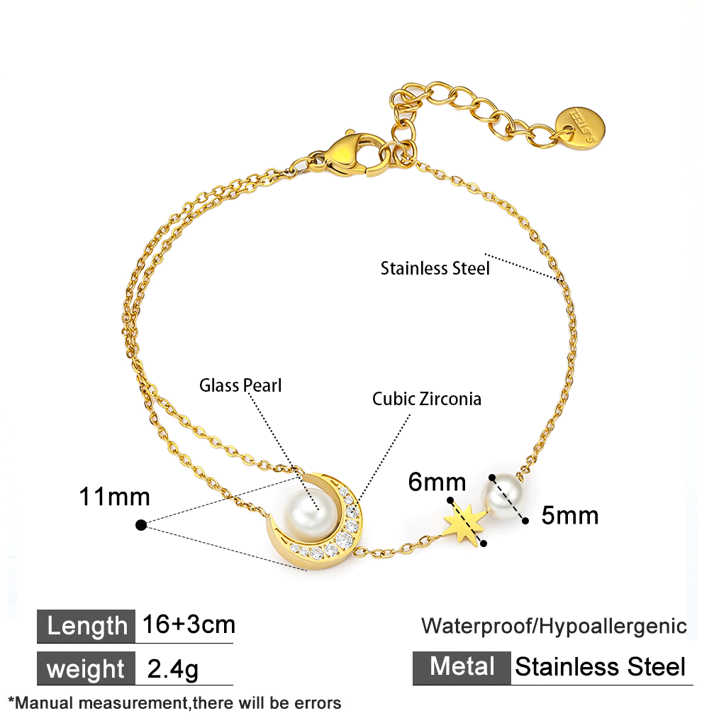 18K Gold Plated 316 Stainless Steel Bracelet with Moon, Beads, Stars & Cubic Zirconia – Waterproof & Hypoallergenic