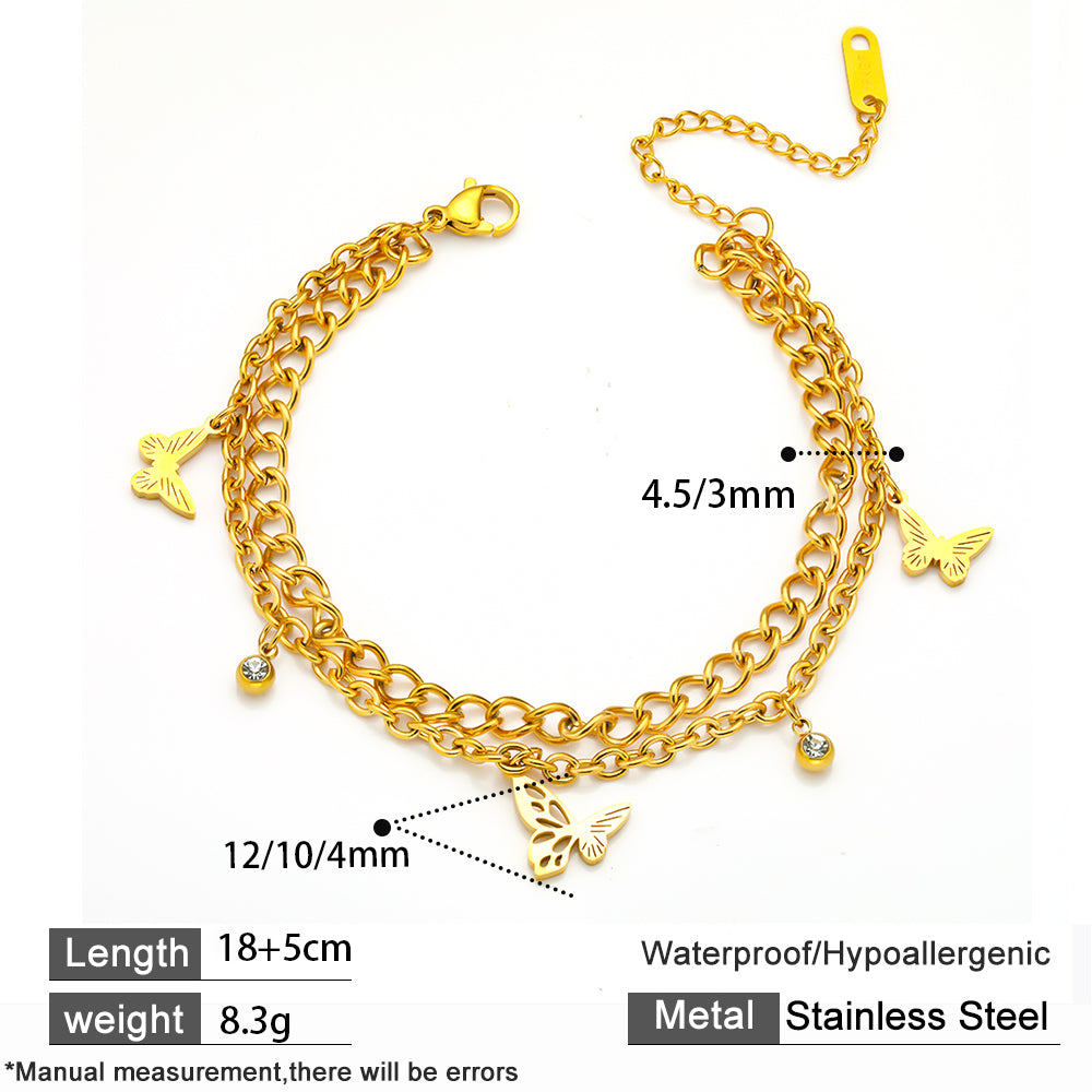 316 Stainless Steel 18K Gold Plated Layered Bracelet | Double Chain with Butterfly Charms Trendy Jewelry