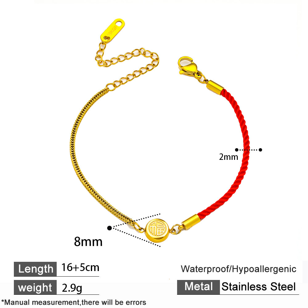 316 Stainless Steel 18K Gold Plated Red String Bracelet with “Fu” Pendant | Lucky Good Fortune Jewelry