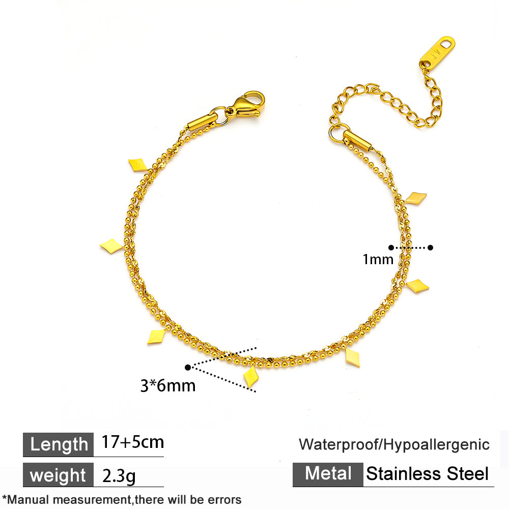 316 Stainless Steel 18K Gold Plated Layered Bracelet | Double Chain with Dangle Charms & Disc Accents