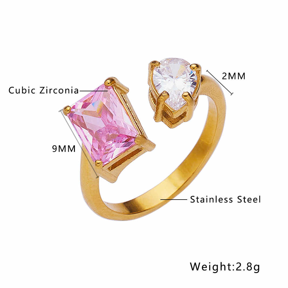 Bague agate et zircon en acier inoxydable plaqué or 18 carats
