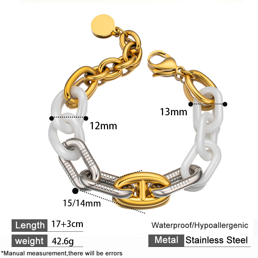 Aurora Ceramic & 18K Gold Bracelet – White & Grey Bioceramic, Stainless Steel