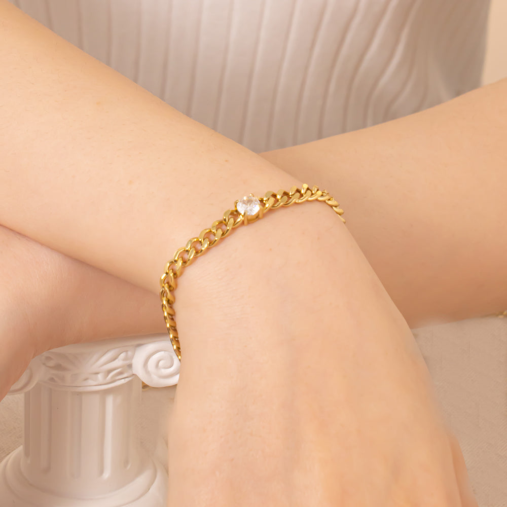 18K Gold Plated 316 Stainless Steel Bracelet with White Cubic Zirconia Stones – Waterproof & Hypoallergenic