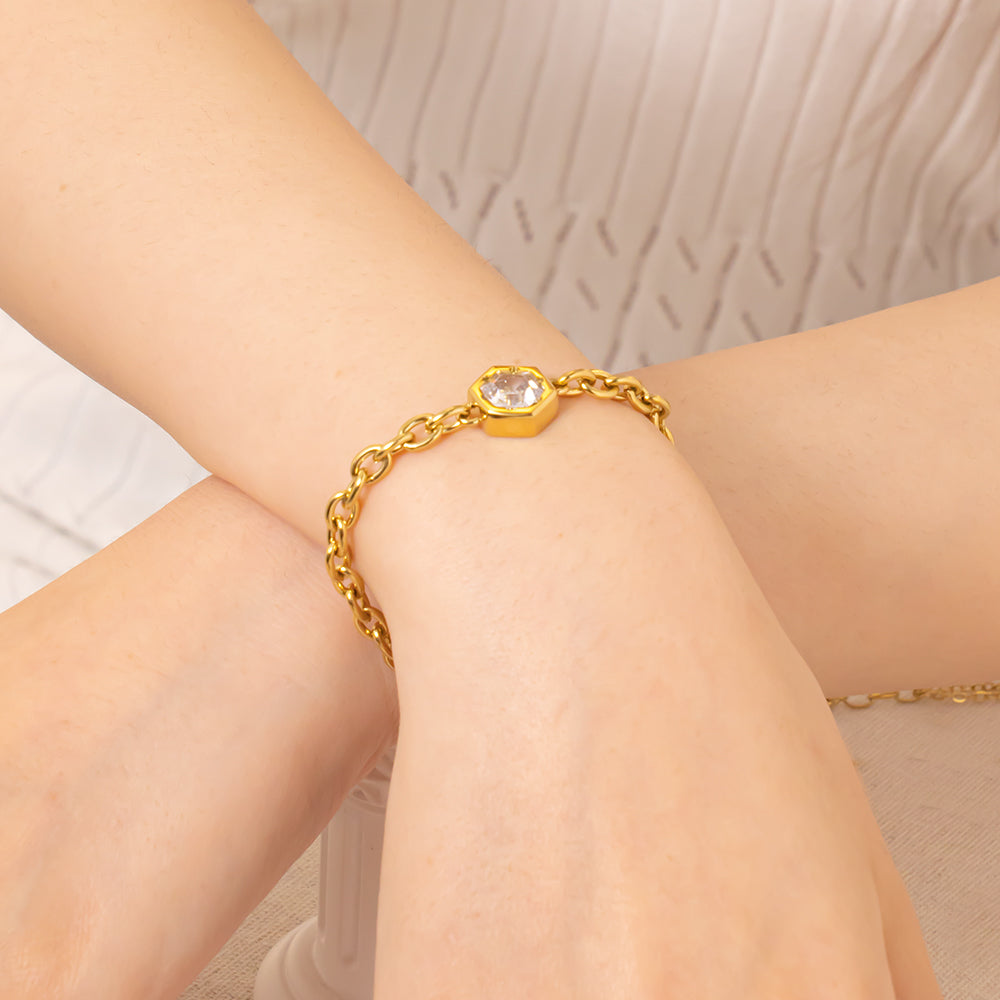18K Gold Plated 316 Stainless Steel Cubic Zirconia Bracelet with White CZ Accent on Chain End – Waterproof & Hypoallergenic