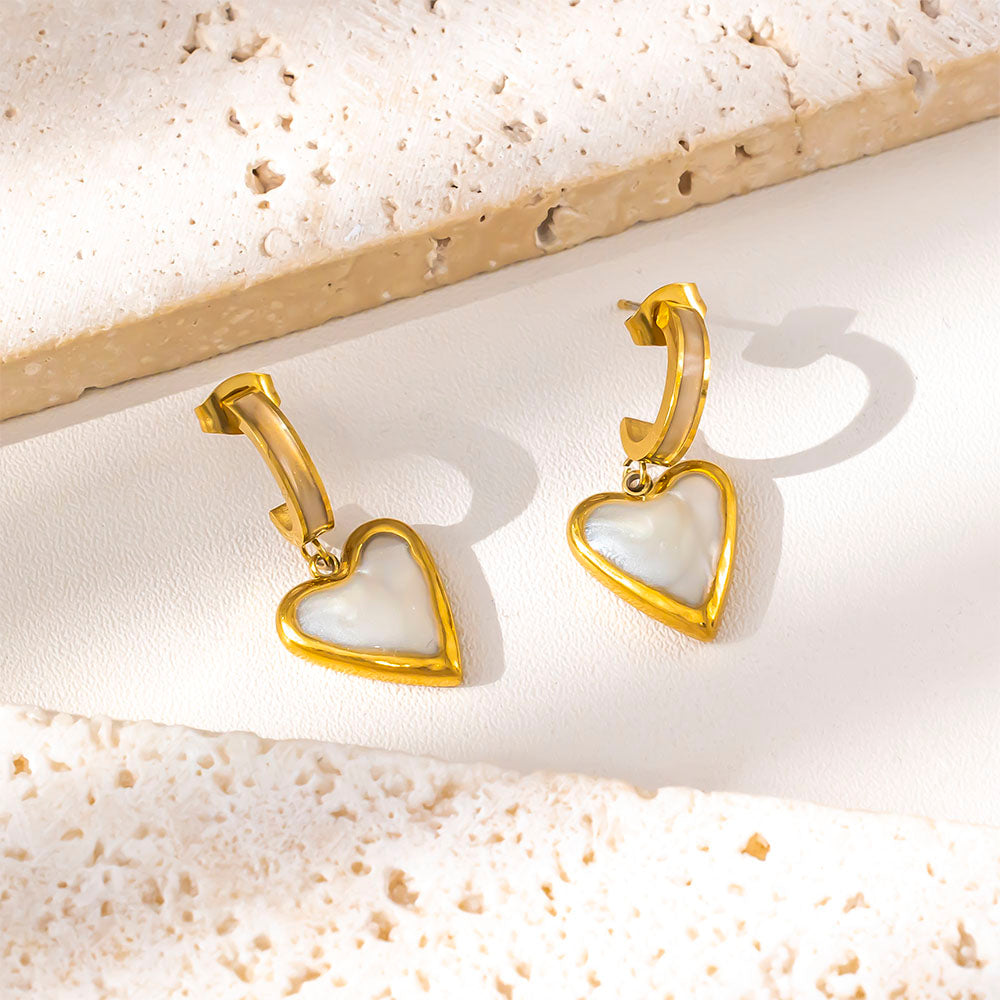 316 Stainless Steel 18K Gold Plated Heart Pendant Earrings | White Enamel Minimalist Jewelry