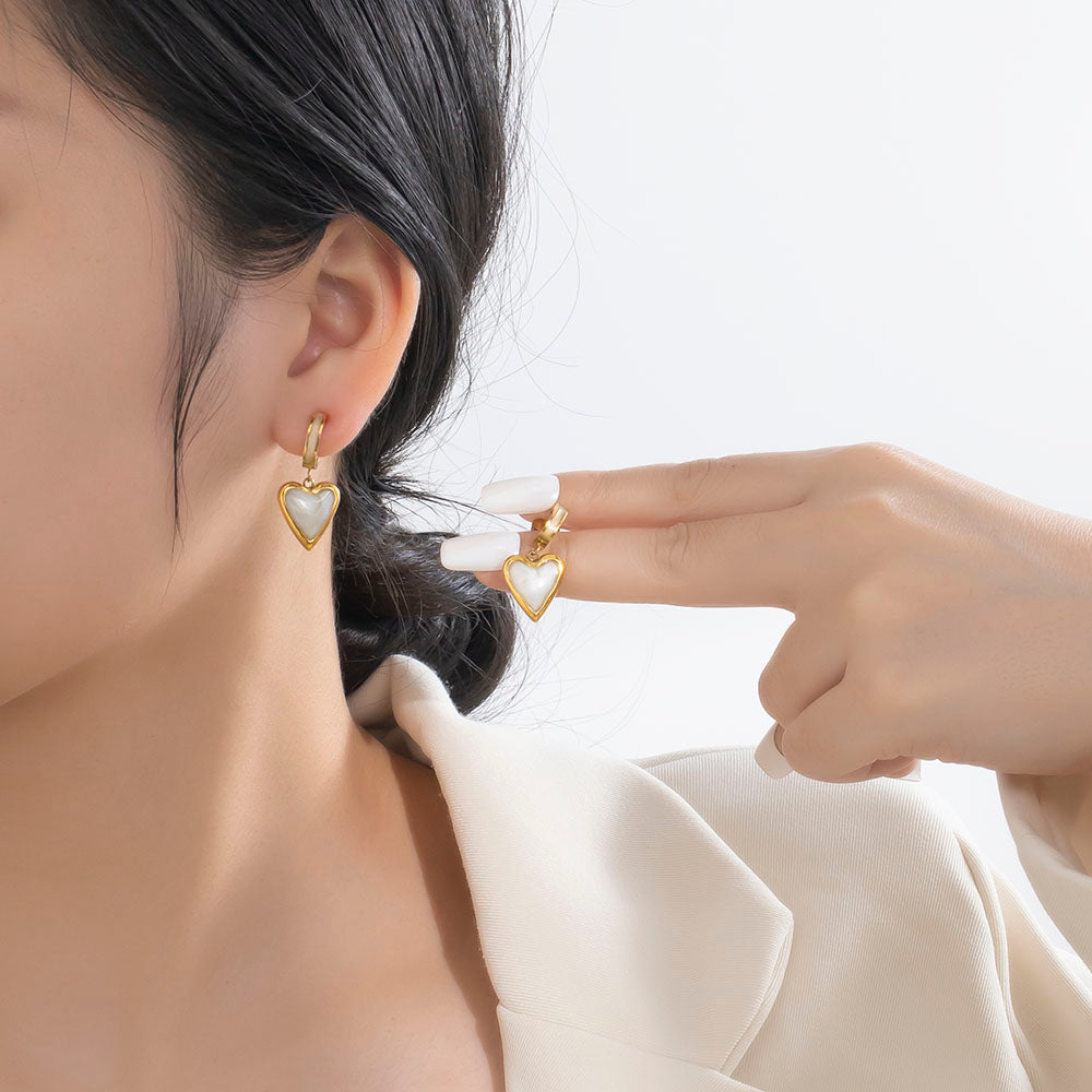 316 Stainless Steel 18K Gold Plated Heart Pendant Earrings | White Enamel Minimalist Jewelry