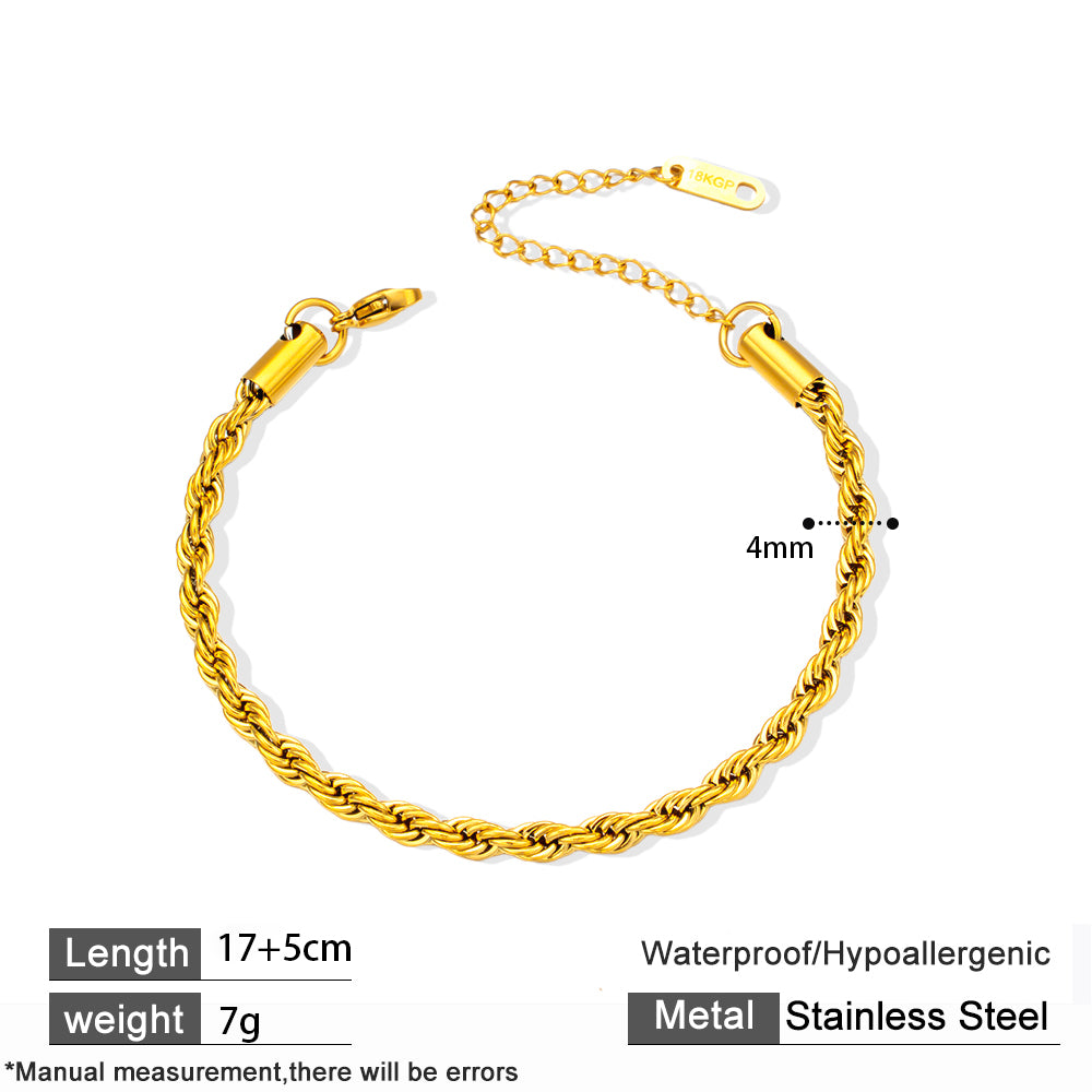 316 Stainless Steel 18K Gold Plated Twist Rope Chain Bracelet | Minimalist Durable Jewelry