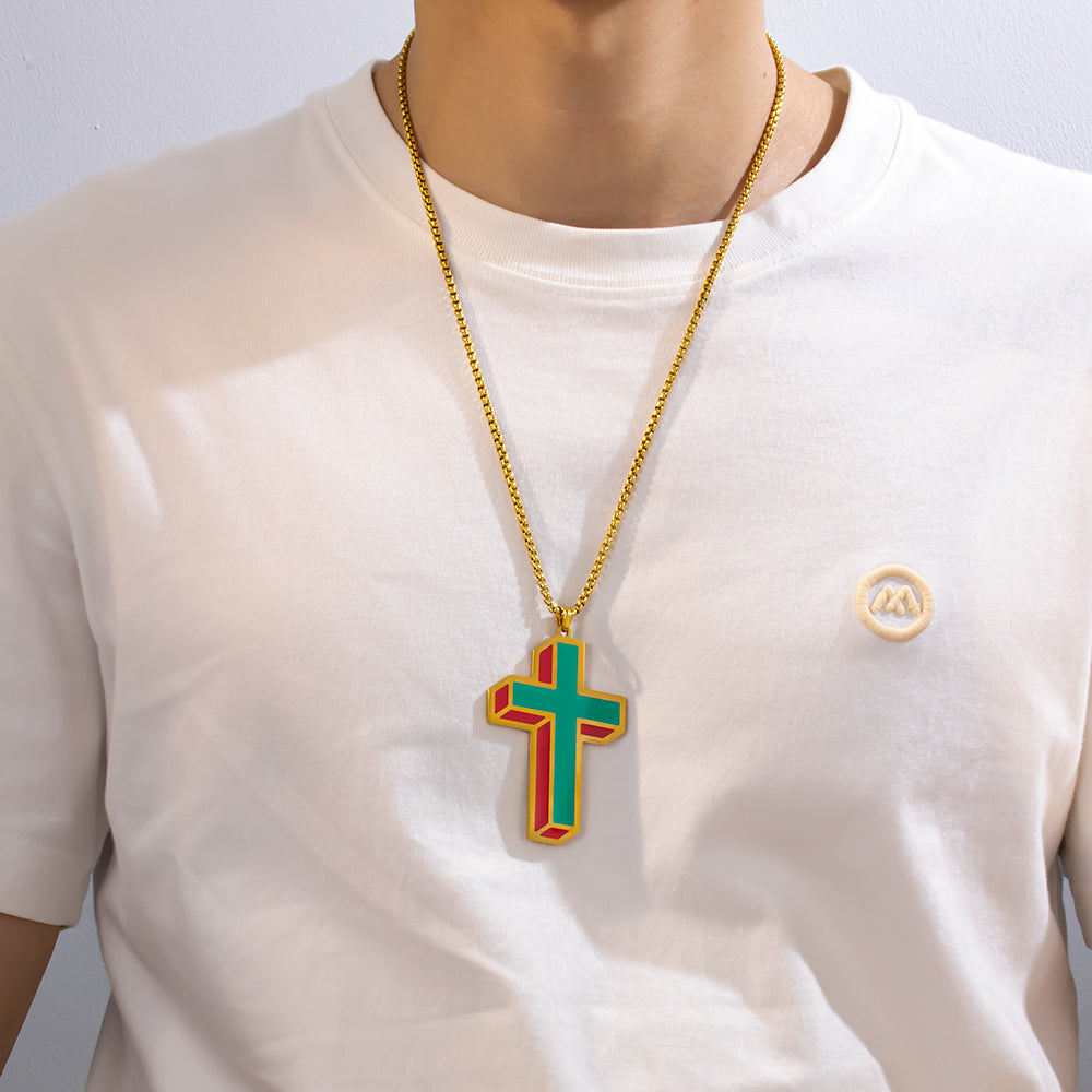 18K Gold Plated Enamel Cross Pendant – Bold Colors, Elegant Design